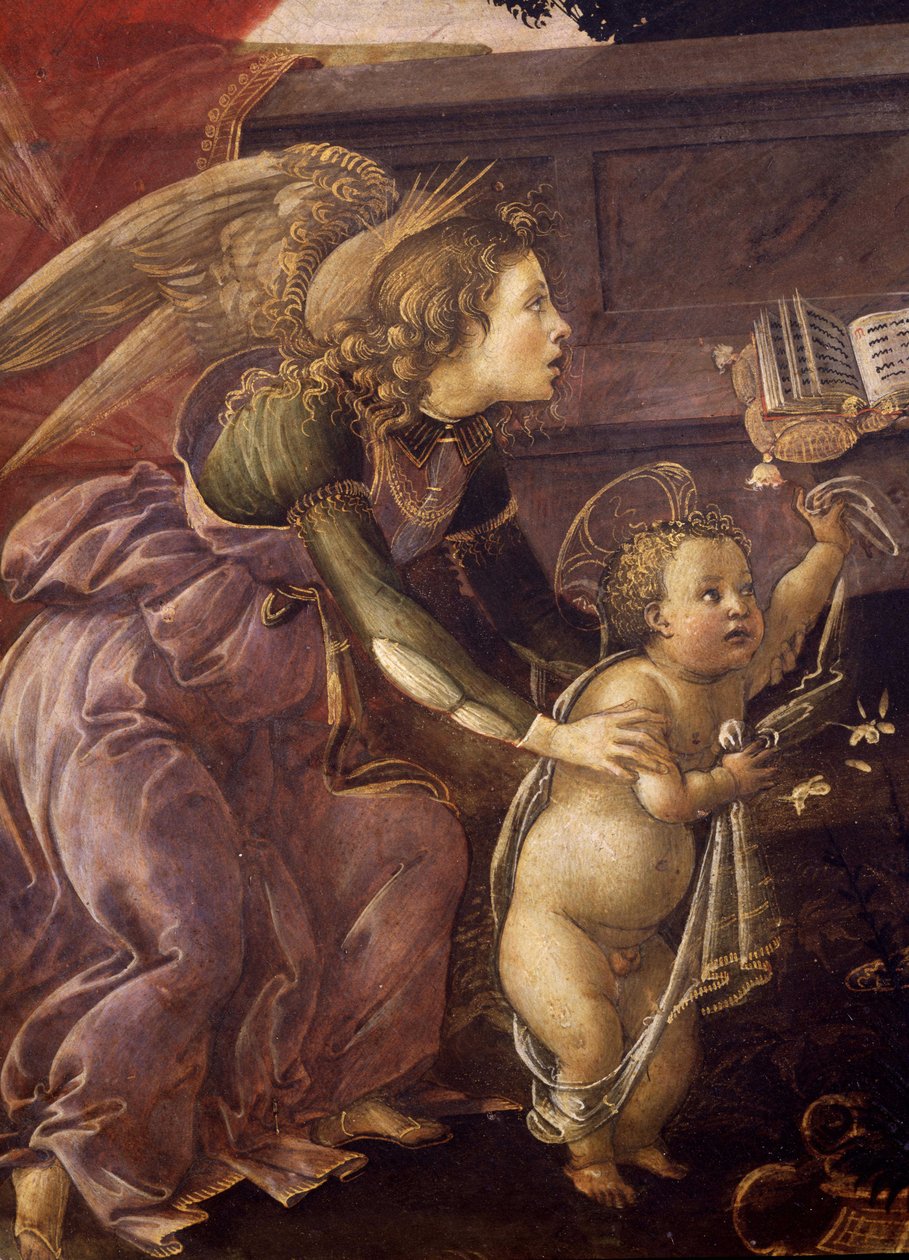 Madonna ja lapsi kolmen enkelin kanssa (Madonna del Padiglione), yksityiskohta enkelistä Kristuksen kanssa tekijältä Sandro Botticelli