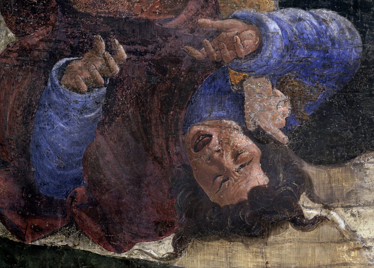 Tarina Mooseksen elämästä. Yksityiskohta: egyptiläinen Mooseksen miekan alla. Alessandro di Mariano dei Filipepin maalaus, joka tunnetaan nimellä Sandro Botticelli (1445-1510). Fresko tekijältä Sandro Botticelli