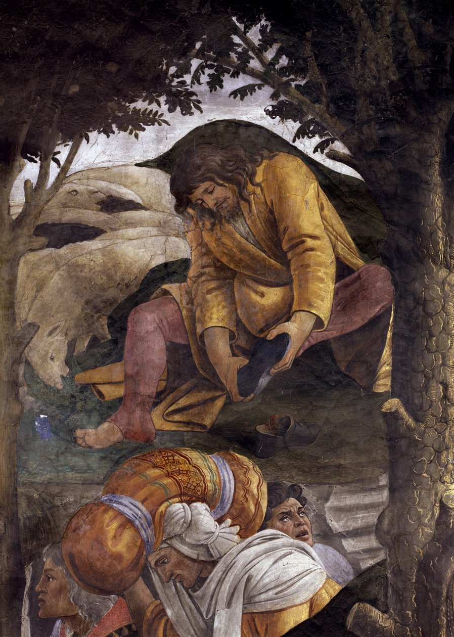 Tarina Mooseksen elämästä. Yksityiskohta Mooses laittaa kengät jalkaansa. Alessandro di Mariano dei Filipepin maalaus, joka tunnetaan nimellä Sandro Botticelli (1445-1510). Fresko tekijältä Sandro Botticelli