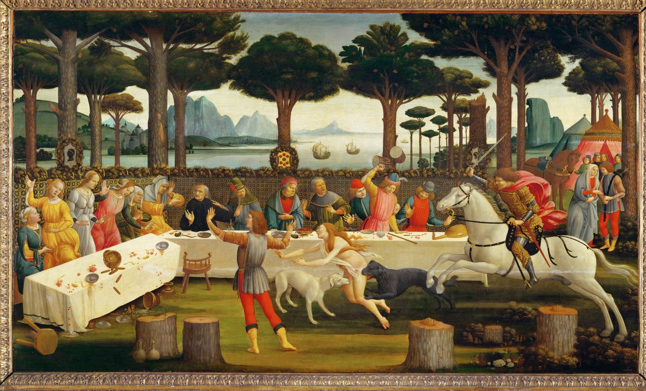 Nastagio degli Onestin tarina, kolmas paneeli: (maalaus puulle): Nastagio kutsuu rakastettunsa ja tämän perheen; aterian aikana ... (maalaus puulle) tekijältä Sandro Botticelli