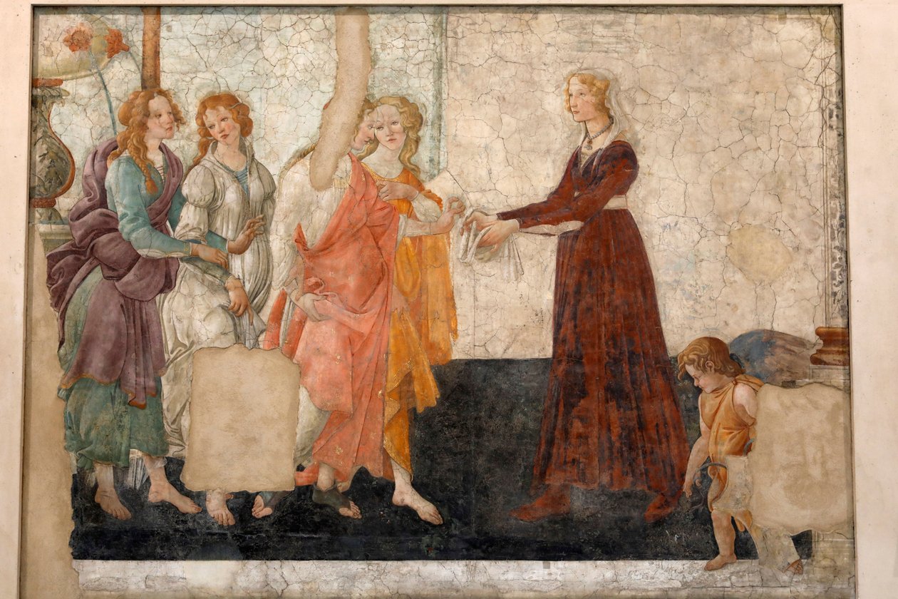 Venus ja 3 armoa tarjoamassa lahjoja neitolle, n. 1483-1485 (fresko) tekijältä Sandro Botticelli