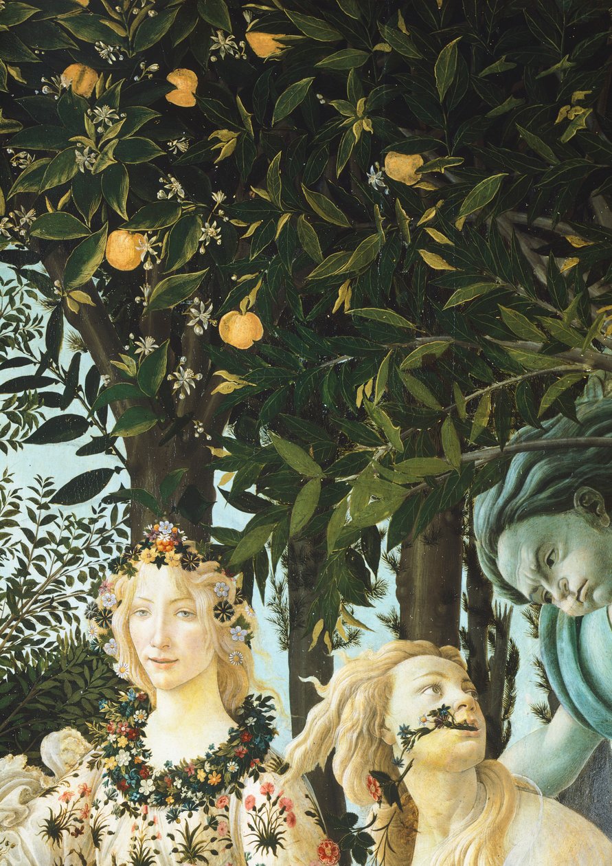 Flora, Zephyrus ja Cloris, yksityiskohta Kevään allegoriasta (Primavera), n. 1477-1482 (tempera puulla) tekijältä Sandro Botticelli