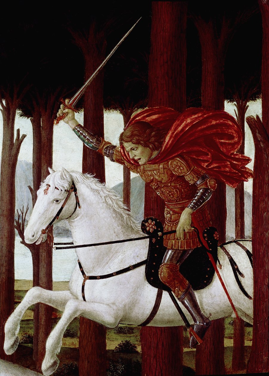 Nastagio degli Onestin historia: Tapaaminen kirottujen kanssa mäntymetsässä (Boccaccion Decameronin novellista) (öljy paneelille tekijältä Sandro Botticelli