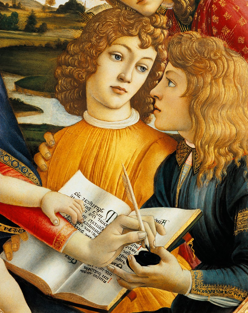Lorenzo Magnificent ja hänen veljensä Giuliano de Medici, yksityiskohta Madonna ja lapsi enkelien kanssa tai Madonna of Magnificent tekijältä Sandro Botticelli