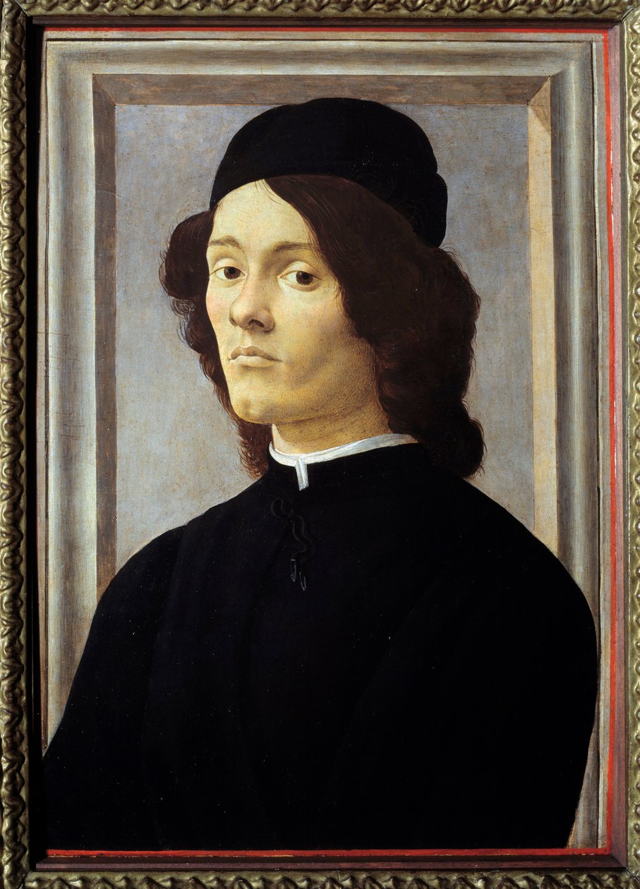 Nuoren miehen muotokuva Gentilman näyttää melankoliselta, mustaan pukeutuneena. Alessandro di Mariano dei Filipepin maalaus Sandro Botticellin (1445-1510) 1400-luvun su. 0,57x0,39 m tekijältä Sandro Botticelli