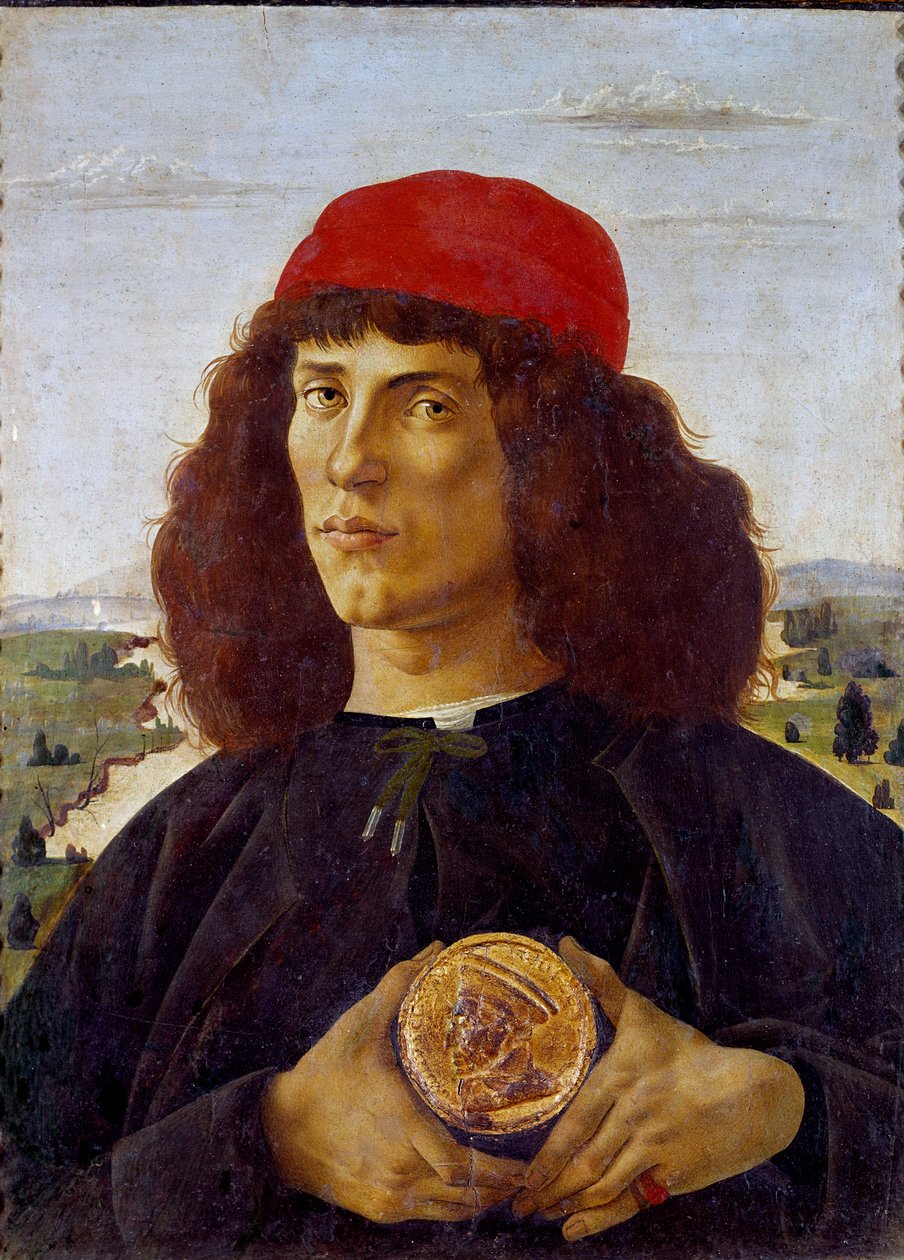 Muotokuva tuntemattomasta miehestä, jolla on Cosimo de Mediciksen (Cosimo de Medici) mitali. Alessandro di Mariano de Philippin maalaus, Sandro Botticelli (1445-1510). Tempera kankaalle, 57,5 ​​x 44 cm tekijältä Sandro Botticelli