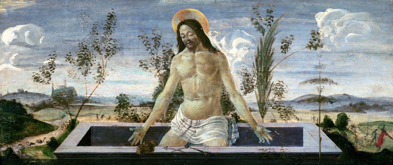 Predella-paneeli, joka kuvaa ylösnousemusta, Pyhän Barnabaksen alttaritaulusta (tempera paneelissa) (katso myös 44334,44354,44358,85657) tekijältä Sandro Botticelli