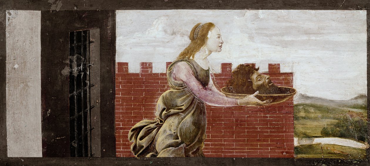 Salome pitelee Johannes Kastajan päätä. Yksityiskohta pyhän Barnaban alttaritaulusta (Tempera puulla tekijältä Sandro Botticelli