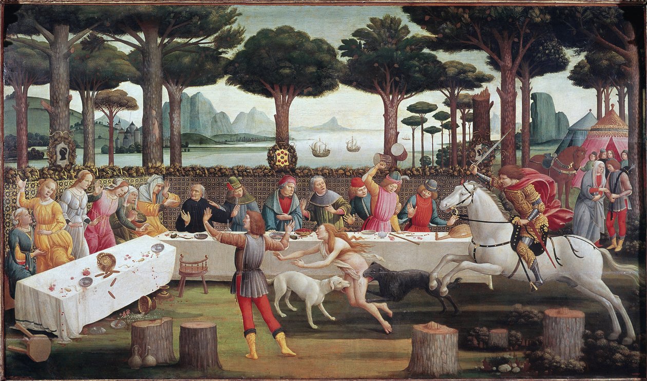 Juhla metsässä: Nastagio degli Onestin tarinan III kohtaus tekijältä Sandro Botticelli