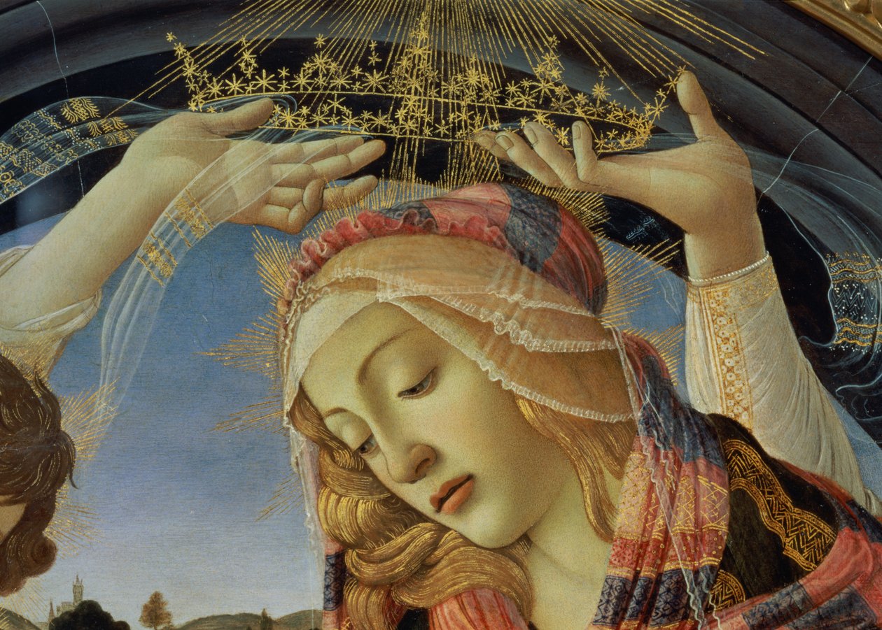 Magnificatin Madonna, yksityiskohta Neitsyen kasvoista ja kruunusta tekijältä Sandro Botticelli