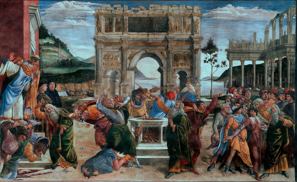 Korahin poikien rangaistus tai kapinallisten rangaistus, Sikstuksen kappeli tekijältä Sandro (1444/5 1510) Botticelli