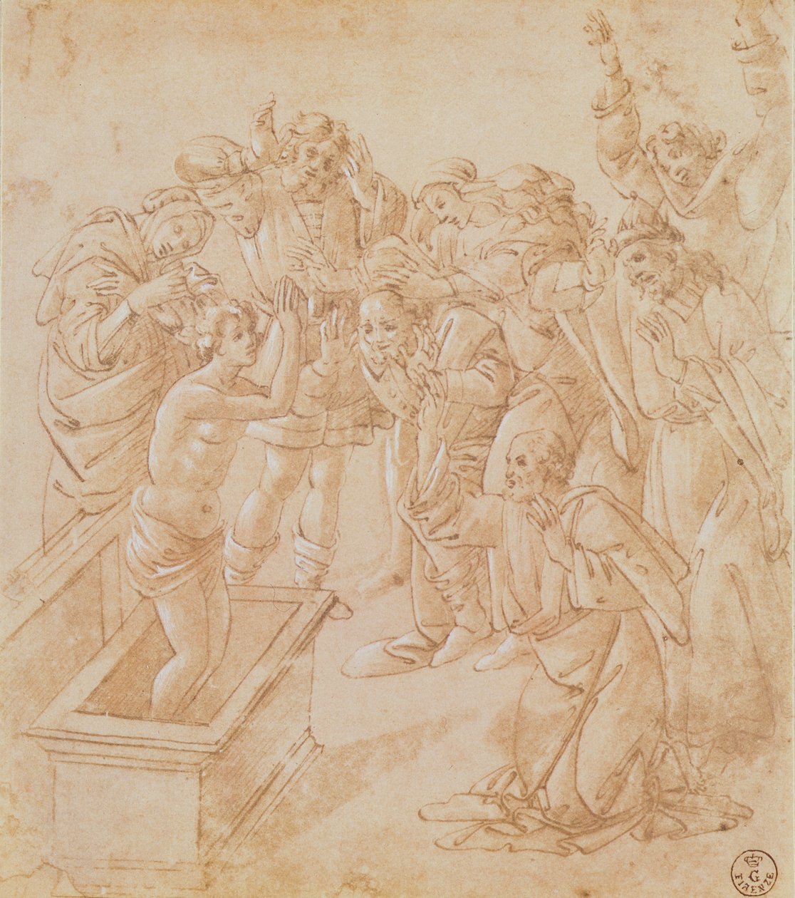 Lasaruksen herättäminen (kynä ja muste guassilla) tekijältä Sandro Botticelli