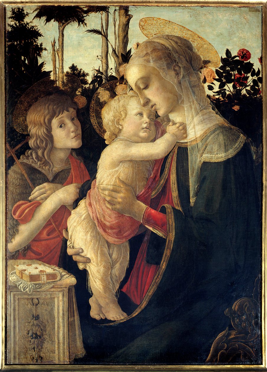 Neitsyt ja Jeesus-lapsi nuoren Pyhän Johannes Kastajan lapsen kanssa Alessandro di Mariano dei Filipepin maalaus Sandro Botticellin (1445-1510) kanssa. 1500-luvun aurinko. 0,90 x 0,67 m - Neitsyt, Jeesus-lapsi ja Pyhä Johannes Kastaja, lapsi. Maalaus b tekijältä Sandro Botticelli