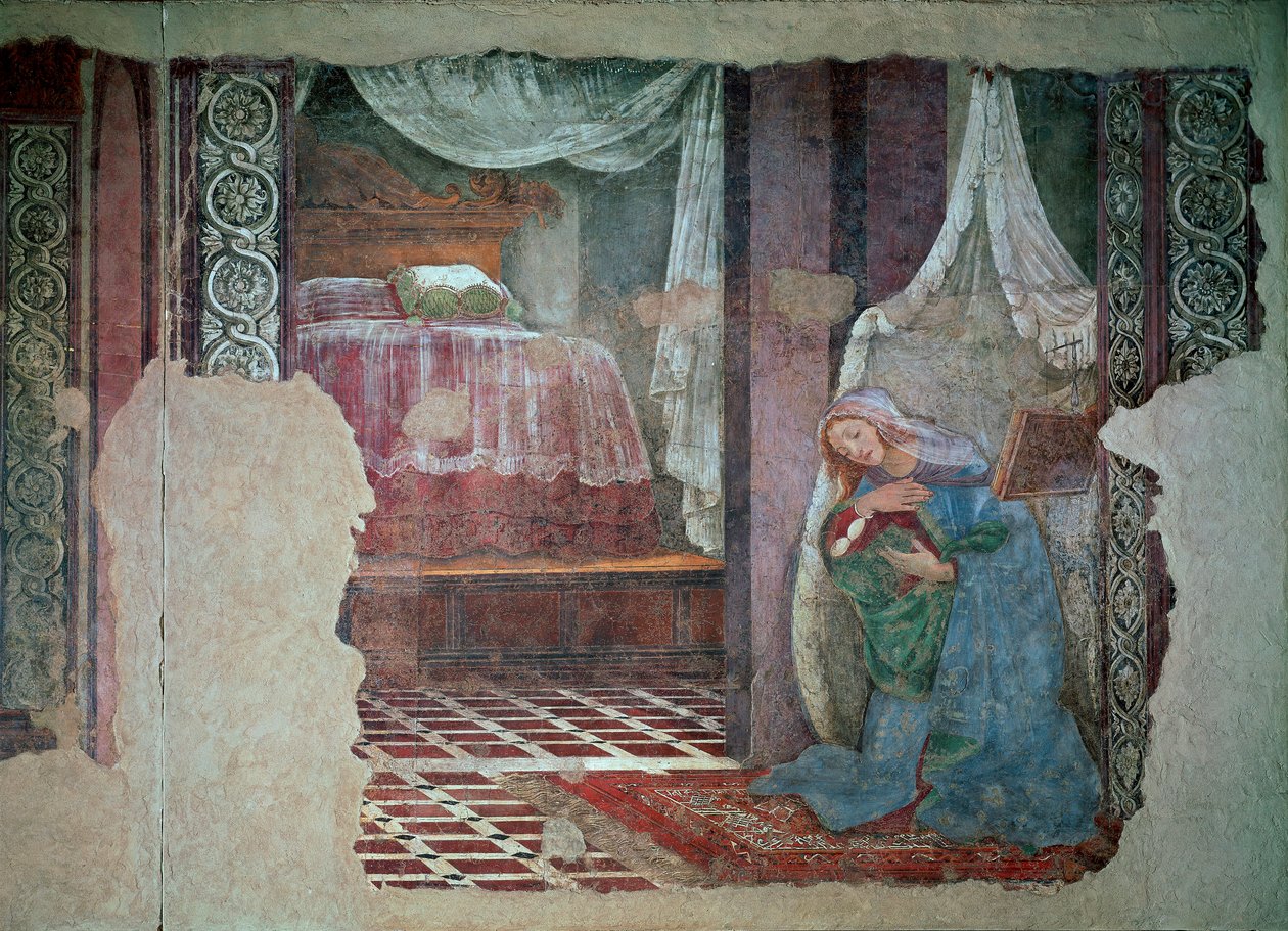 Julistuksen neitsyt yksityiskohta. Fresko: Alessandro di Mariano dei Filipepi, Sandro Botticelli (1445-1510). 1481 su. 245x535 cm Firenze, Uffizi-galleria (toimistot) tekijältä Sandro Botticelli