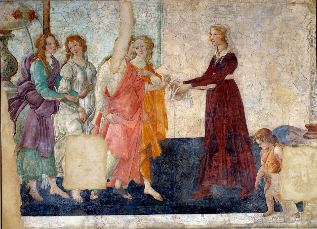 Venus ja armot tarjoavat lahjoja nuorelle tytölle. Fresko Villa Lemmistä. Sandro Botticellin maalaus (1444-1510) tekijältä Sandro Botticelli