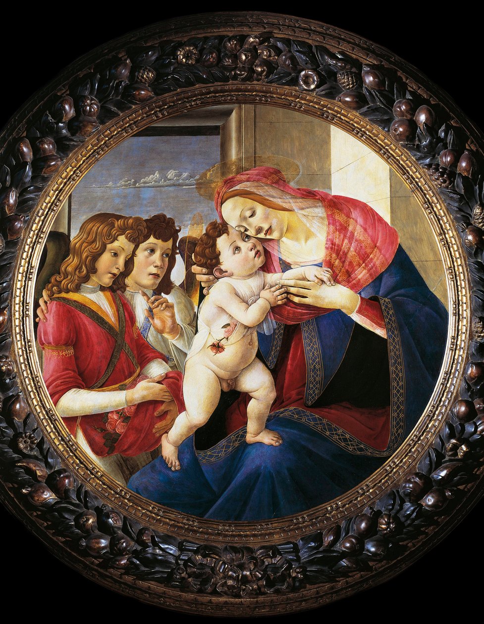 Neitsyt ja lapsi ja kaksi enkeliä (tempera puulla, n. 1490) tekijältä Sandro Botticelli