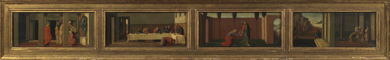 Kohtauksia Maria Magdaleenan elämästä (neljä predella-paneelia - a. Kristus-opetus; b. juhla Simonin talossa; c. Noli me Tangere; d. Magdalenan viimeiset hetket) tekijältä Sandro (after) Botticelli