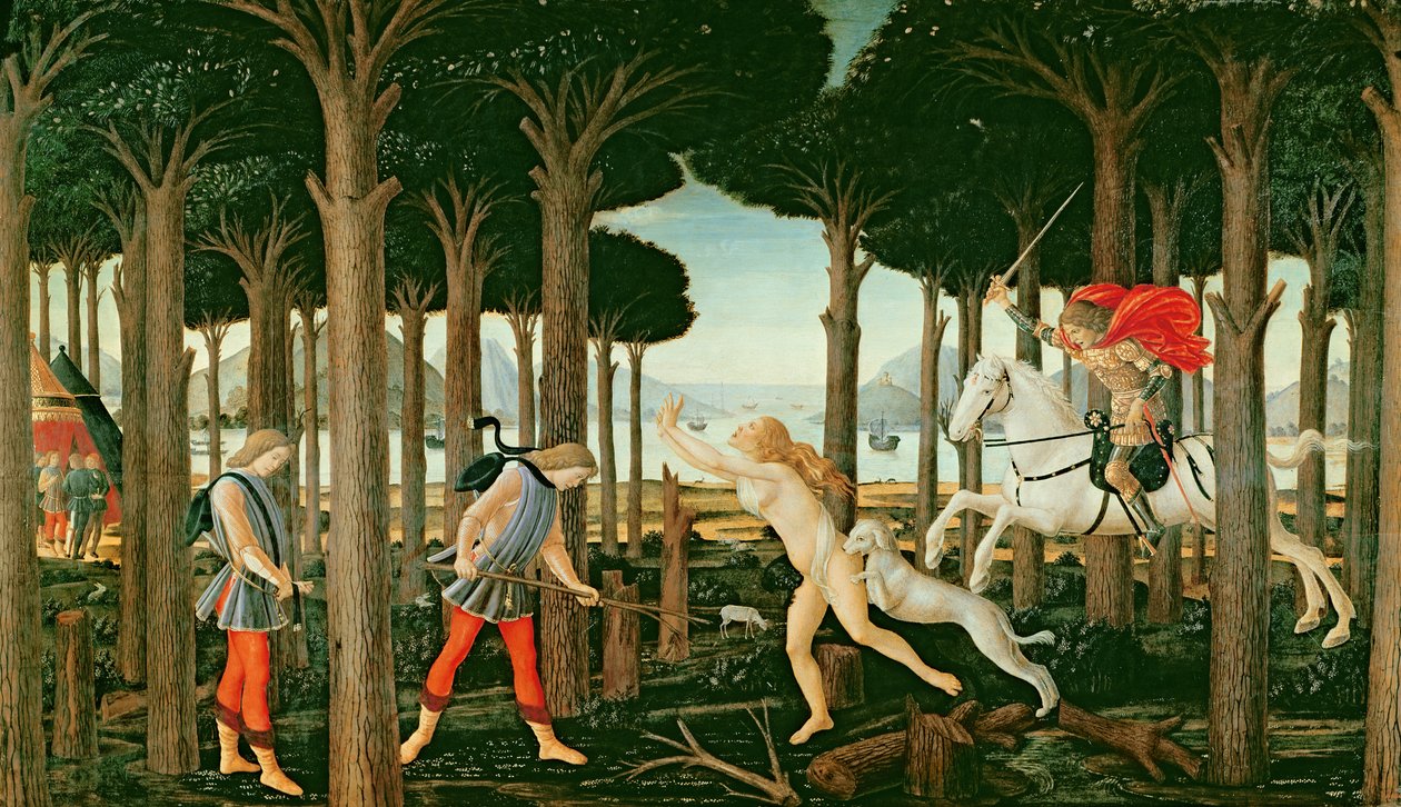 Nastagion visio aavemaisesta takaa-ajosta metsässä: Nastagio degli Onestin tarinan I kohtaus, n. 1483 (tempera paneelissa) tekijältä Sandro (and workshop) Botticelli