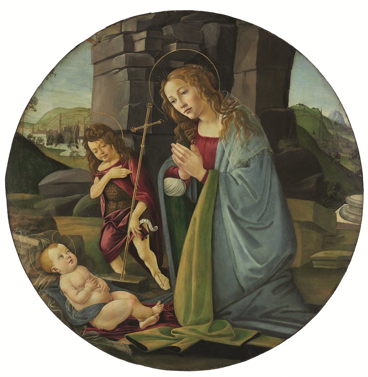 Madonna palvelee Kristuksen lasta nuoren Johannes Kastajan kanssa (tempera ja öljy paneelille). tekijältä Sandro (and workshop) Botticelli