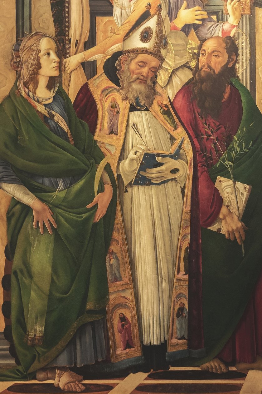 Alttaritaulu, pääruutu: Madonna valtaistuimella, neljä enkeliä ja pyhimyksiä. tekijältä Sandro Botticelli