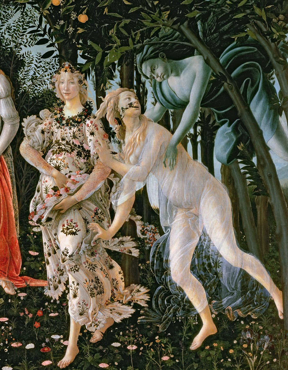 Yksityiskohta kuvasta Zephyr, ja Flora kuin kevään tunti, Primavera tempera paneelille -teoksesta 558. tekijältä Sandro Botticelli
