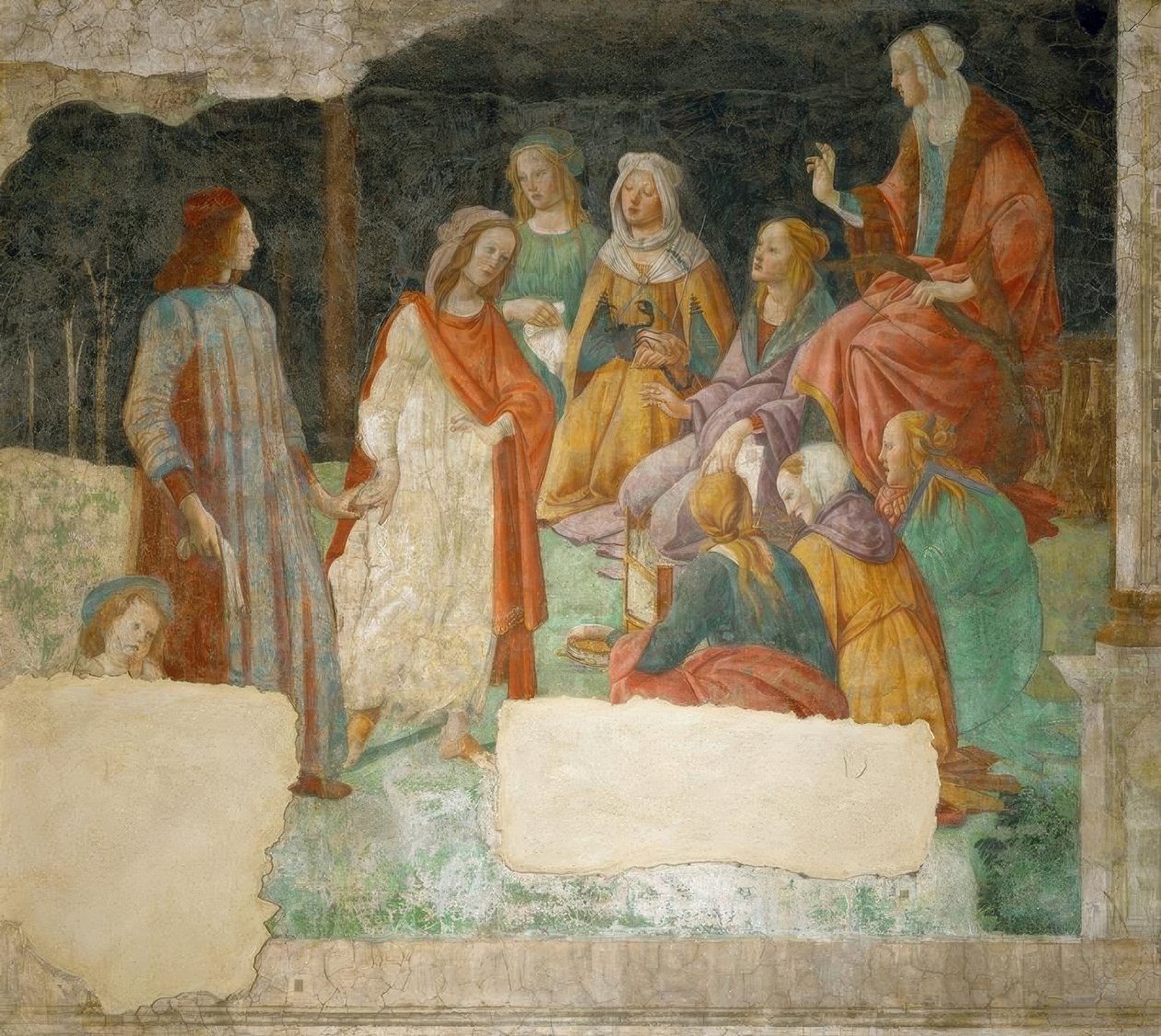 Ein Jüngling (Lorenzo Tornabuoni?) wird von Minerva in den tekijältä Sandro Botticelli