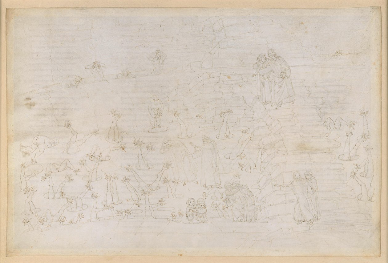 La Divina Commedia, Inferno XIX. Vergilius ja Dante helvetin kahdeksannessa piirissä (Malebolge), 3. bolgia: kirkon virkoissa toimineet korruptoituneet, simonistien rangaistus tekijältä Sandro Botticelli