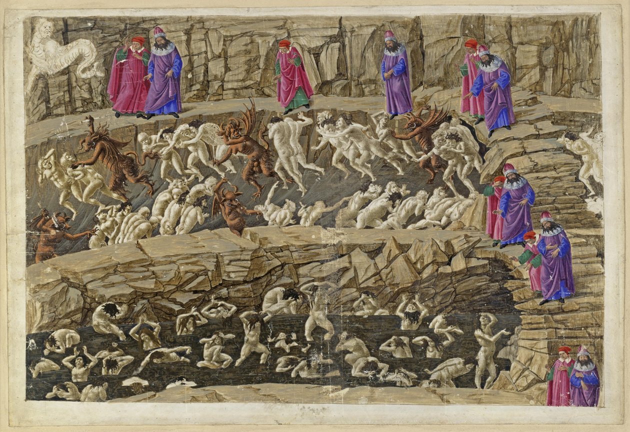 La Divina Commedia, Inferno XVIII. Vergilius ja Dante helvetin kahdeksannessa piirissä (Malebolge), 1. ja 2. bolgia: parittajien ja viettelijöiden, imartelijoiden ja huorien rangaistus tekijältä Sandro Botticelli