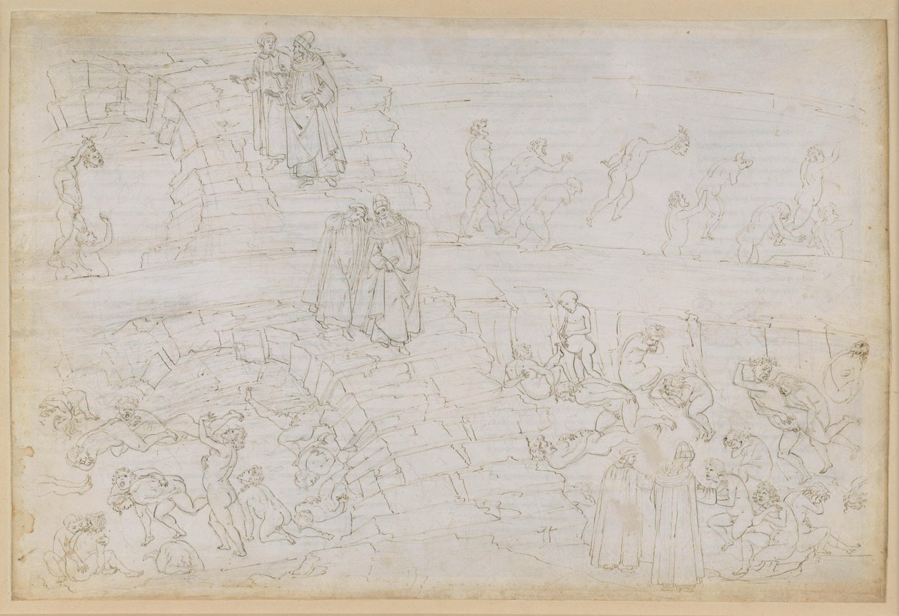 La Divina Commedia, Inferno XXIX. Vergilius ja Dante helvetin kahdeksannessa piirissä (Malebolge), 10. bolgia: Väärennösten tekijöiden ja alkemistien rangaistus tekijältä Sandro Botticelli