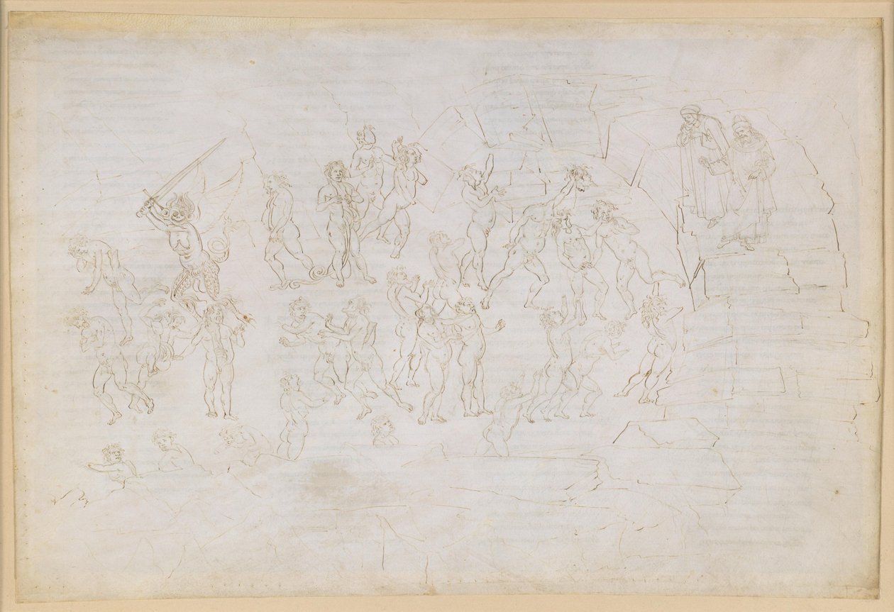 La Divina Commedia, Inferno XXVIII. Vergilius ja Dante helvetin kahdeksannessa piirissä (Malebolge), 9. bolgia: harhaoppisten ja eripuraa aiheuttavien rangaistus; kohtaaminen Muhammedin ja Bertran de Bornin kanssa tekijältä Sandro Botticelli