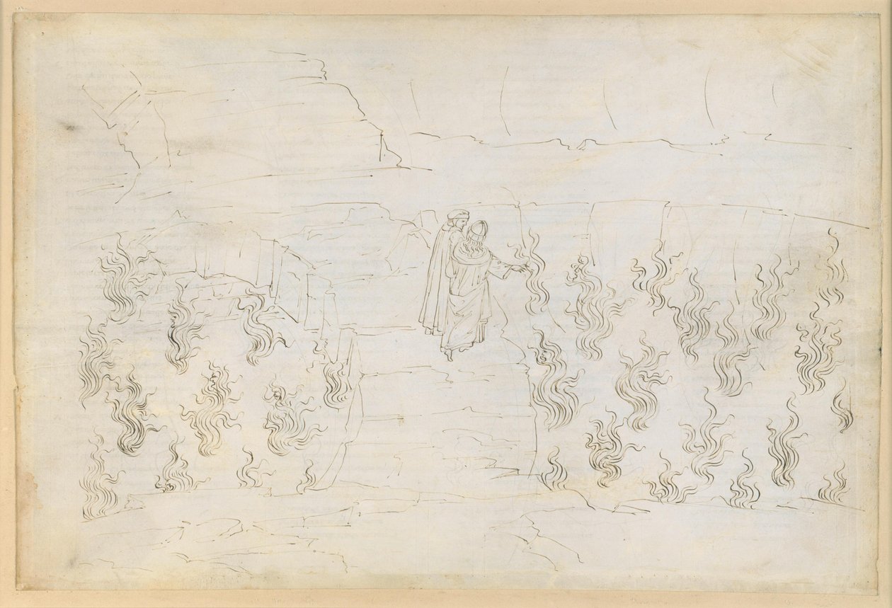La Divina Commedia, Inferno XXVII: Helvetin kahdeksas piiri (Malebolge), 8. bolgia: Väärien neuvonantajien rangaistus; keskustelu Guido da Montefeltron kanssa tekijältä Sandro Botticelli