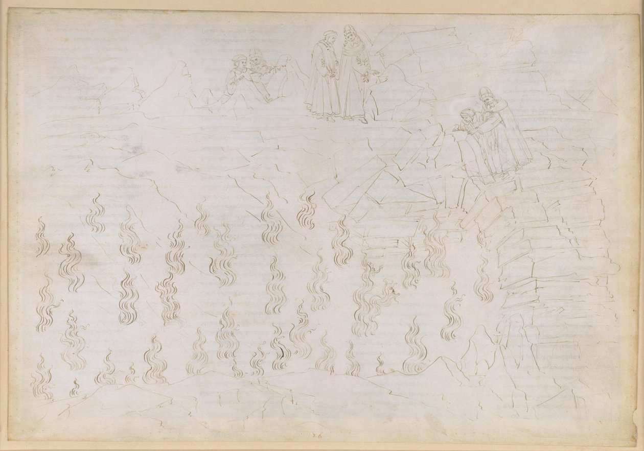 La Divina Commedia, Inferno XXVI. Vergilius ja Dante helvetin kahdeksannessa piirissä (Malebolge), 8. bolgia: väärien neuvonantajien rangaistus; keskustelu Odysseuksen kanssa tekijältä Sandro Botticelli