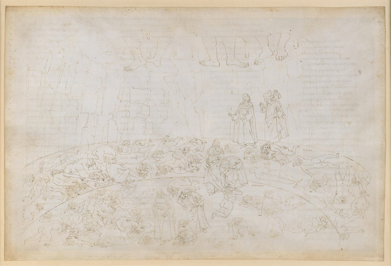 La Divina Commedia, Inferno XXXII. Yhdeksäs piiri (Cocytus), 1. ja 2. kaistale: Sukulais- ja isänmaanpettureiden rangaistus Cainan ja Antenoran jäässä tekijältä Sandro Botticelli