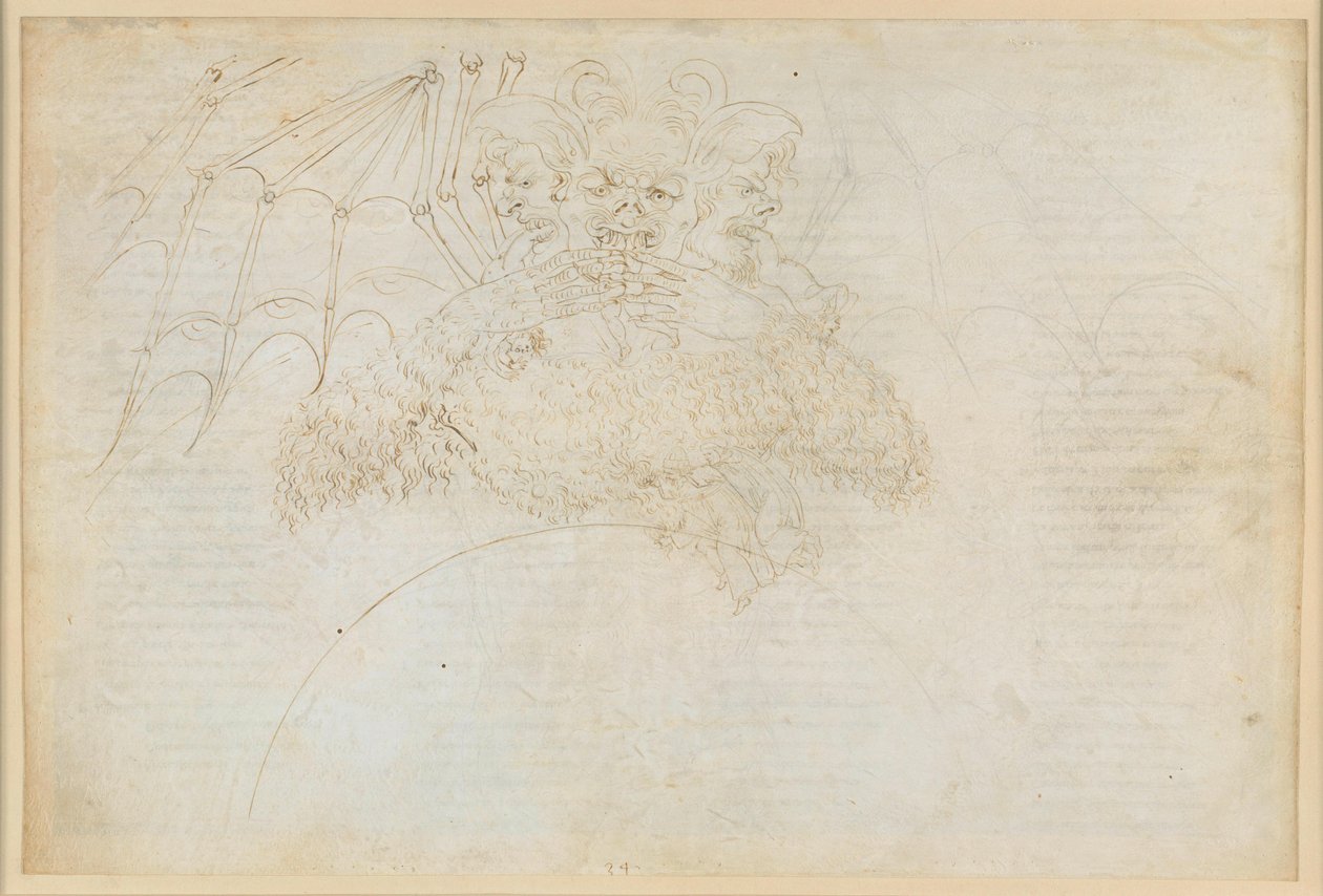La Divina Commedia, Inferno XXXIV (1): Helvetin keskusta: Lucifer Giudeccan jäässä, murskaamassa Juudasta, Brutusta ja Cassiusta tekijältä Sandro Botticelli