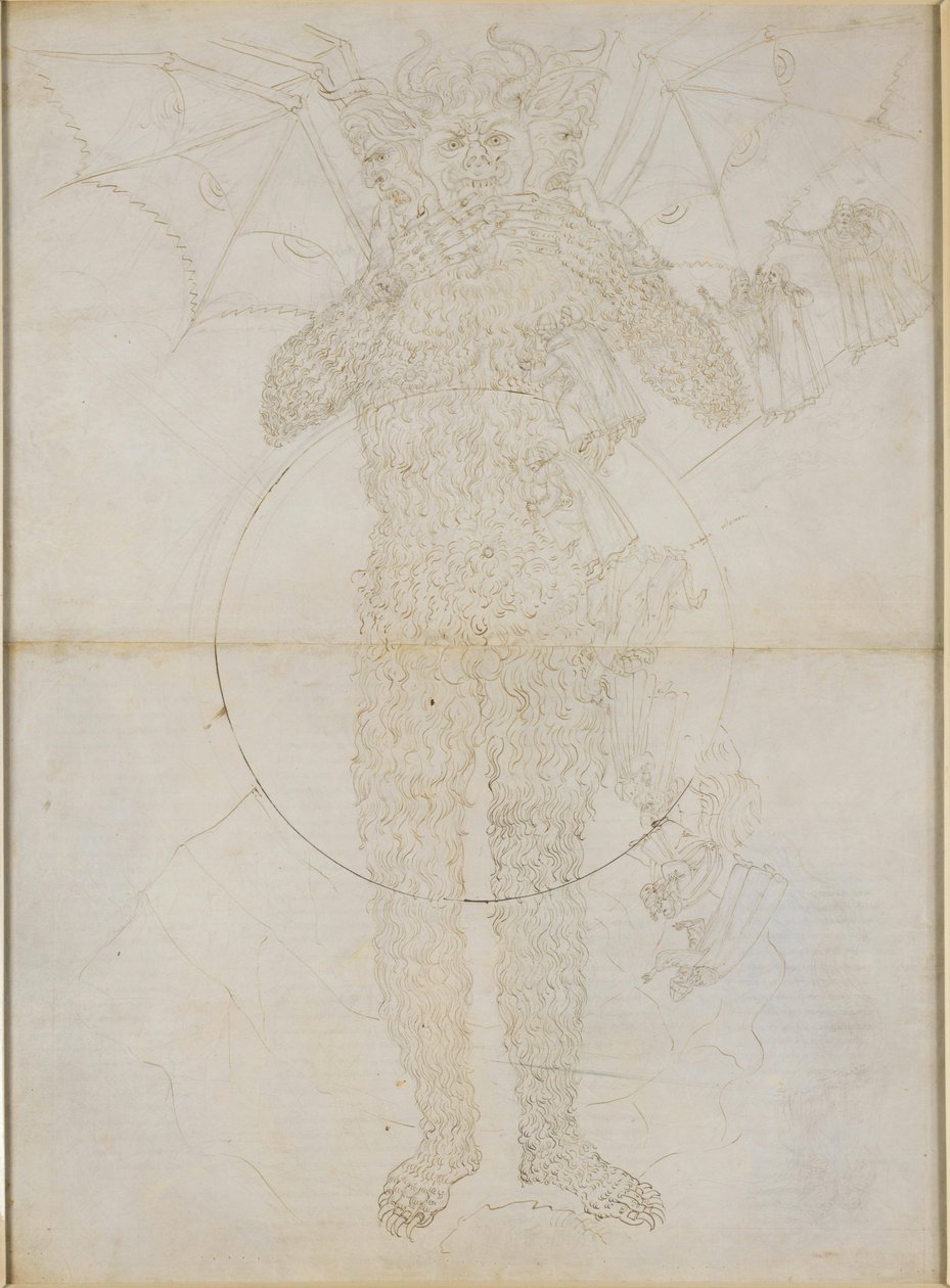 La Divina Commedia, Inferno XXXIV (2). Helvetin keskipiste: Lucifer täydessä loistossaan (Suuri Saatana); Jäähyväiset Infernoon tekijältä Sandro Botticelli