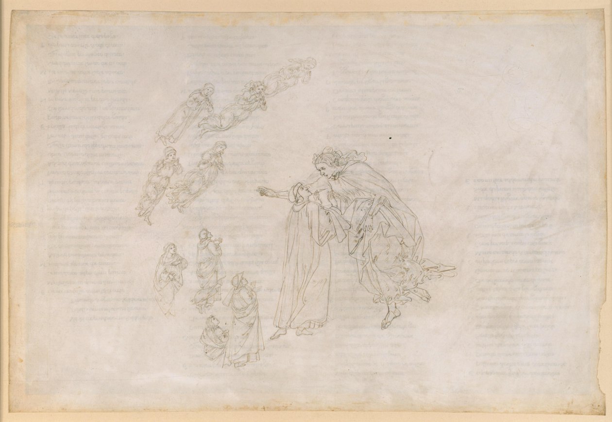 La Divina Commedia, Paradiso IV. Ensimmäinen planeettakerros (kuun taivas): Beatrice selittää Dantelle, missä on autuaiden todellinen asuinpaikka tekijältä Sandro Botticelli