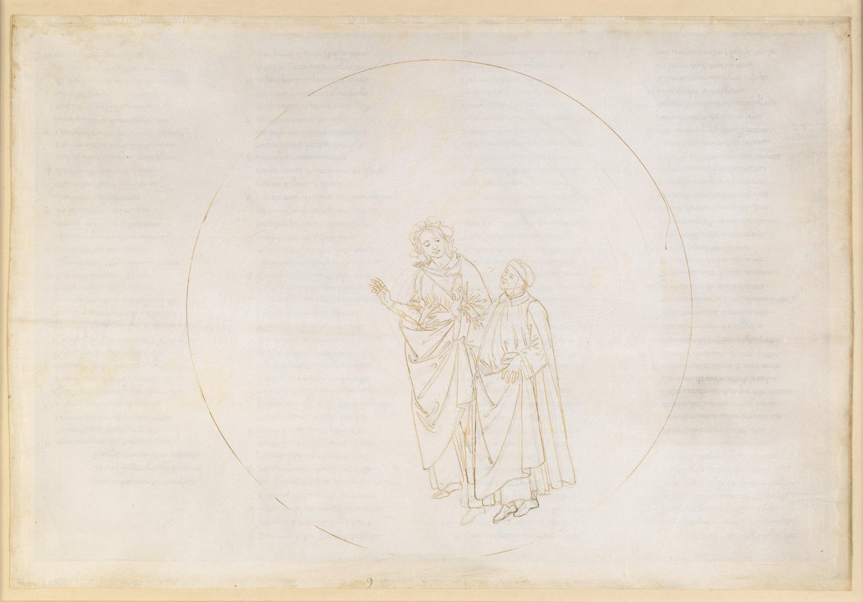 La Divina Commedia, Paradiso IX. Kolmas planeettakerros (Venuksen taivas): Cunizza d’Romano ja Folquet Marseillesta selittävät Dantelle tähtensä olemusta tekijältä Sandro Botticelli
