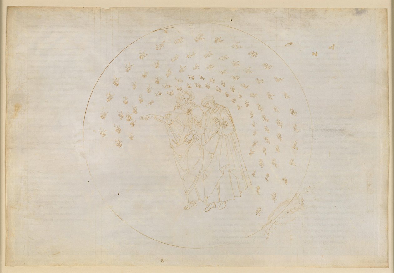 La Divina Commedia, Paradiso VIII. Kolmas planeettasfääri (Venuksen taivas): Rakastavaisten valtakunta; Karl Martellin sielu valittaa perheestään ja selittää Dantelle syyt ihmisten erilaisuuteen tekijältä Sandro Botticelli