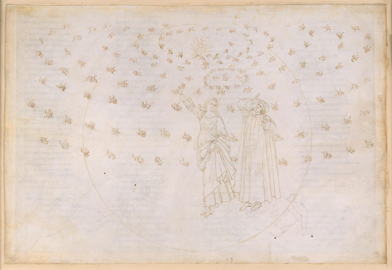 La Divina Commedia, Paradiso XXIII. Kahdeksas taivas (kiinteiden tähtien taivas): Näky Kristuksen voitosta; Dante näkee Beatricen todellisessa muodossaan; Neitsyt Marian tanssi ja kaksitoista apostolia tekijältä Sandro Botticelli