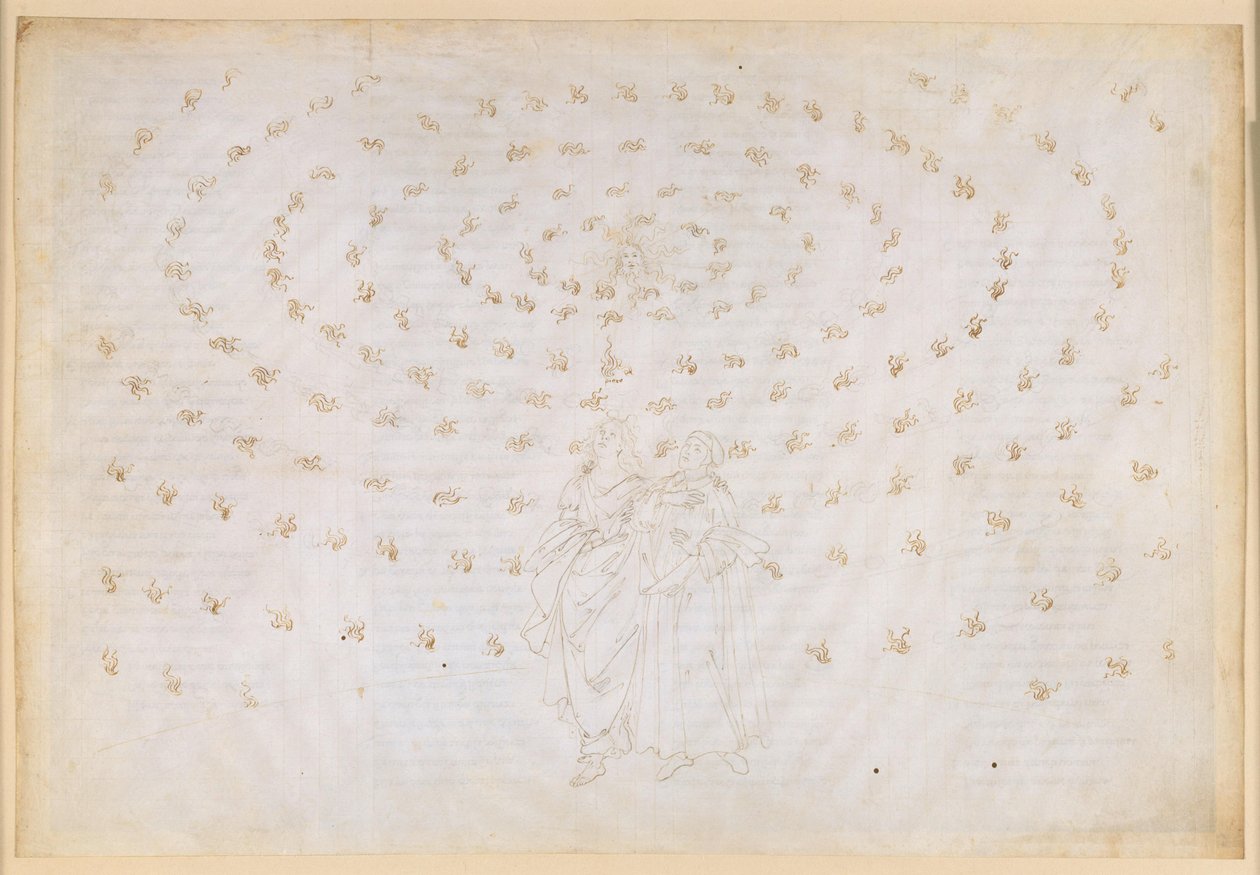 La Divina Commedia, Paradiso XXIV. Kahdeksas sfääri (kiinteiden tähtien taivas): Beatrice pyytää Pietaria koettelemaan oppilaansa todellisessa uskossa, joka on ensimmäinen teologinen hyve; Danten uskontunnustus tekijältä Sandro Botticelli