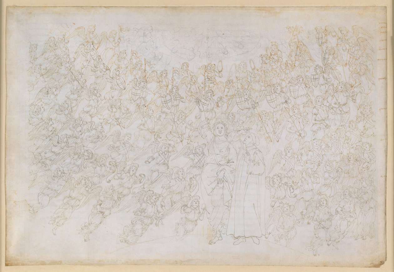 La Divina Commedia, Paradiso XXVIII. Yhdeksäs sfääri (kristallitaivas tai Primum Mobile): Dante näkee Jumalan kirkkaasti loistavana pisteenä, jota enkelikuorot kiertävät; Beatrice selittää sfäärin hierarkian ja vaikuttavat voimat tekijältä Sandro Botticelli
