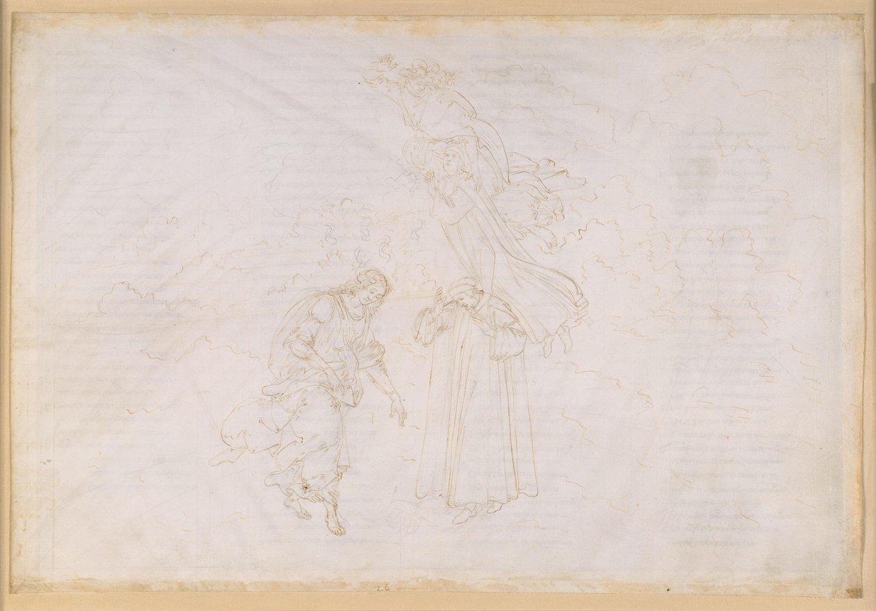 La Divina Commedia, Paradiso XXVII. Kahdeksas taivas (kiinteiden tähtien taivas): Pietari pitää rangaistuspuhteen turmeltuneelle paavikunnalle; nousu kristallitaivaaseen, Primum Mobileen tekijältä Sandro Botticelli