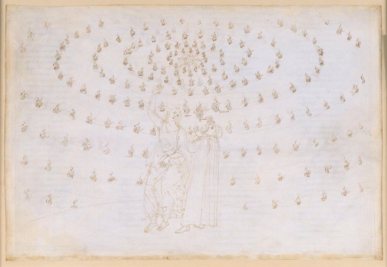 La Divina Commedia, Paradiso XXV. Kahdeksas taivas (kiinteiden tähtien taivas): Jaakob koettelee Dantea toisessa teologisessa hyveessä, toivossa; evankelista Johanneksen ilmestyminen ja hänen puheensa paratiisin olentojen luonteesta; Danten sokaistuminen tekijältä Sandro Botticelli