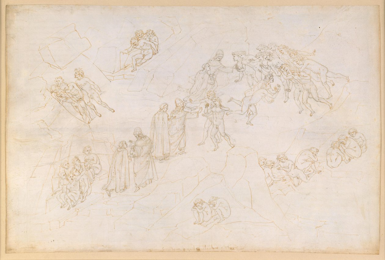La Divina Commedia, Purgatorio V. Esipurgatorio, keskialue: viivästyneet, jotka kuolivat väkivallanteon seurauksena tekijältä Sandro Botticelli