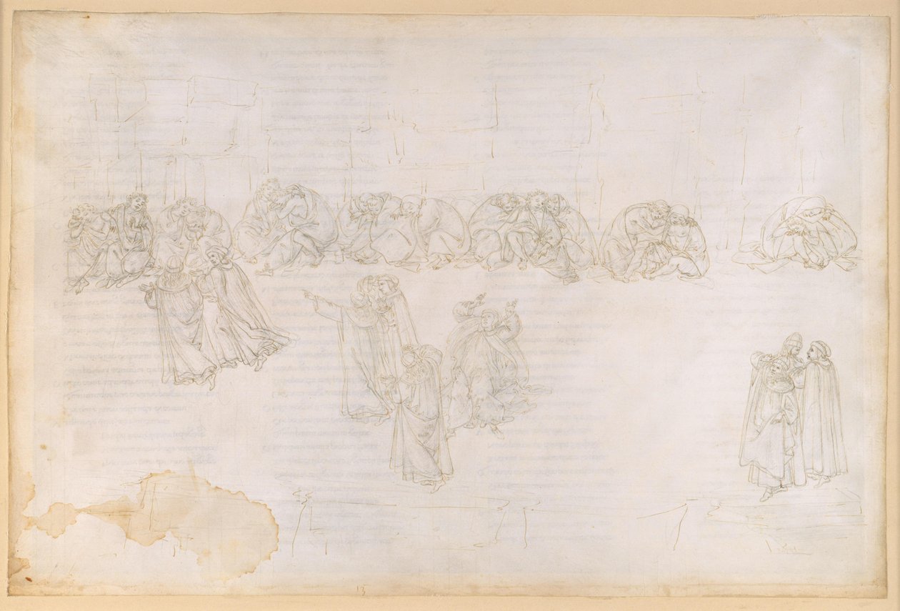 La Divina Commedia, Purgatorio XIII. Purgatorion toinen kehä: katumus kateudesta ja ilonpitoa toisen onnettomuudesta; keskustelu Sapia Salvanin kanssa tekijältä Sandro Botticelli