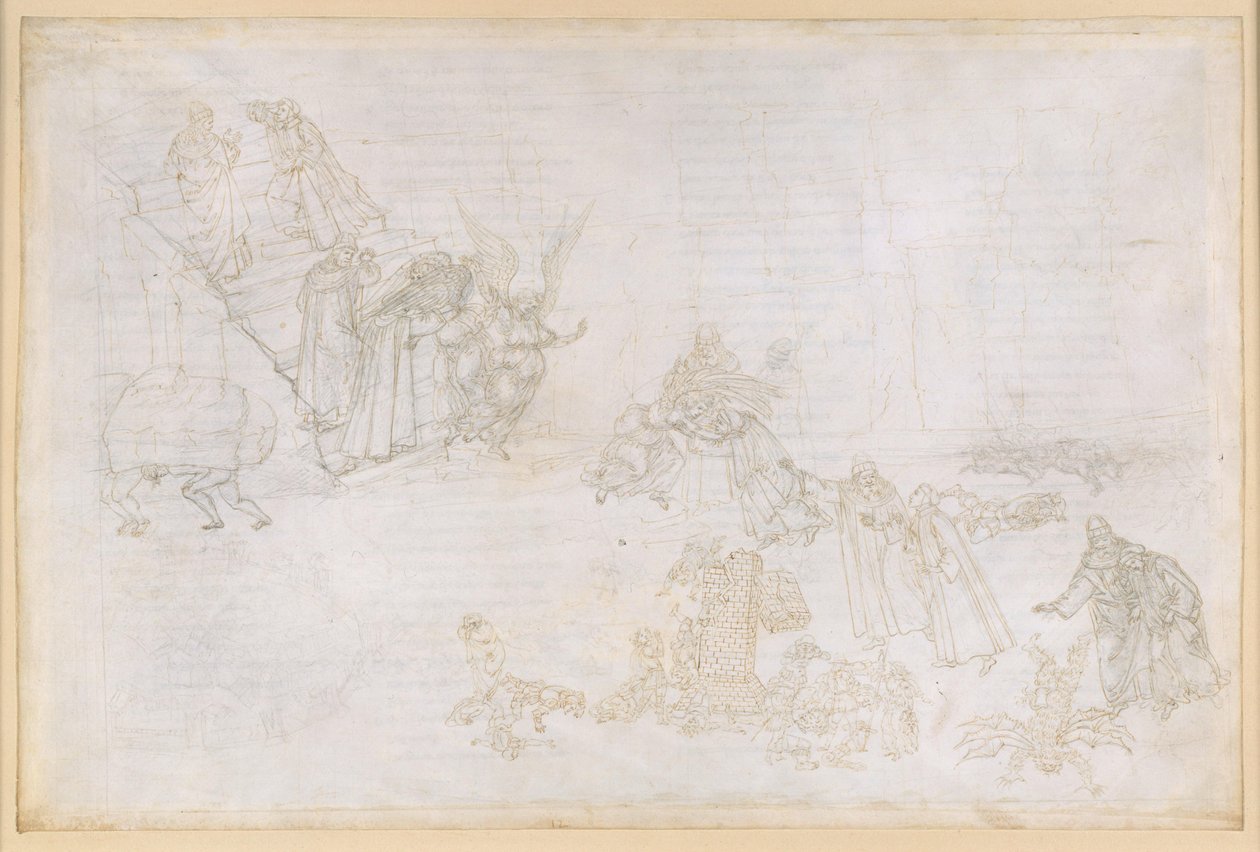 La Divina Commedia, Purgatorio XII. Purgatorion ensimmäinen kehä: kuvia ylpeyden rangaistuksesta; enkeli toisen kehän portaiden edessä tekijältä Sandro Botticelli
