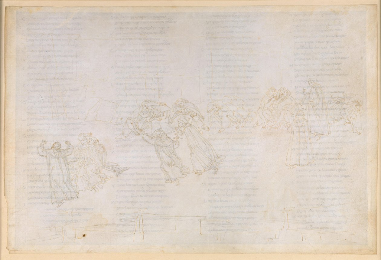 La Divina Commedia, Purgatorio XIV. Purgatorion toinen kehä: katumus kateudesta ja ilonpitoon; keskustelu Guido del Duca ja Rinieri da Calbolin välillä tekijältä Sandro Botticelli