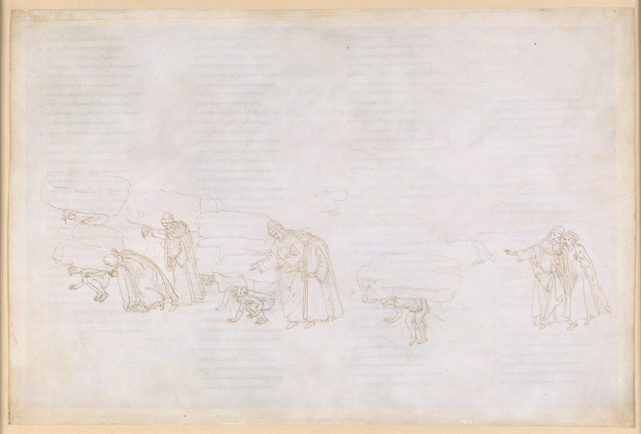 La Divina Commedia, Purgatorio XI. Purgatorion ensimmäinen kehä: kunnianhimoisten ritarien ja taiteilijoiden katumus tekijältä Sandro Botticelli