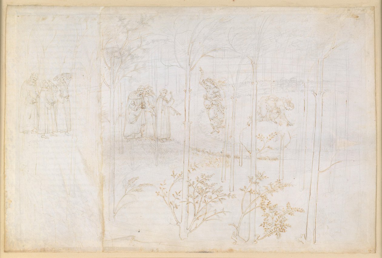 La Divina Commedia, Purgatorio XXVIII. Maallinen paratiisi: Dante ja Matelda Lethe-joen rannalla tekijältä Sandro Botticelli
