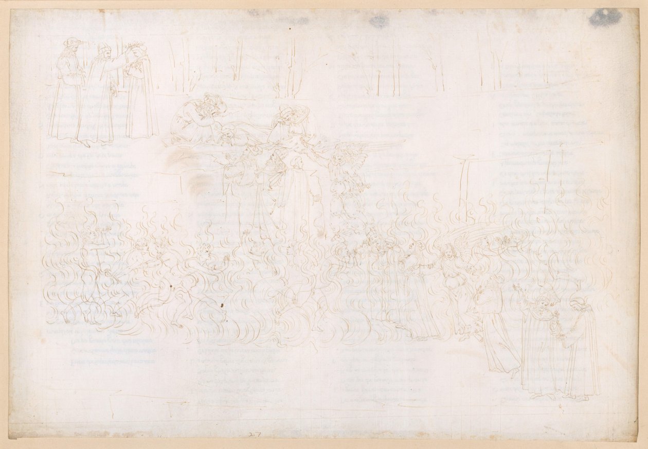 La Divina Commedia, Purgatorio XXVII. Nousu maalliseen paratiisiin: Matka tulen läpi; Unelma maallisen paratiisin portailla; Danten kruunaaminen tekijältä Sandro Botticelli